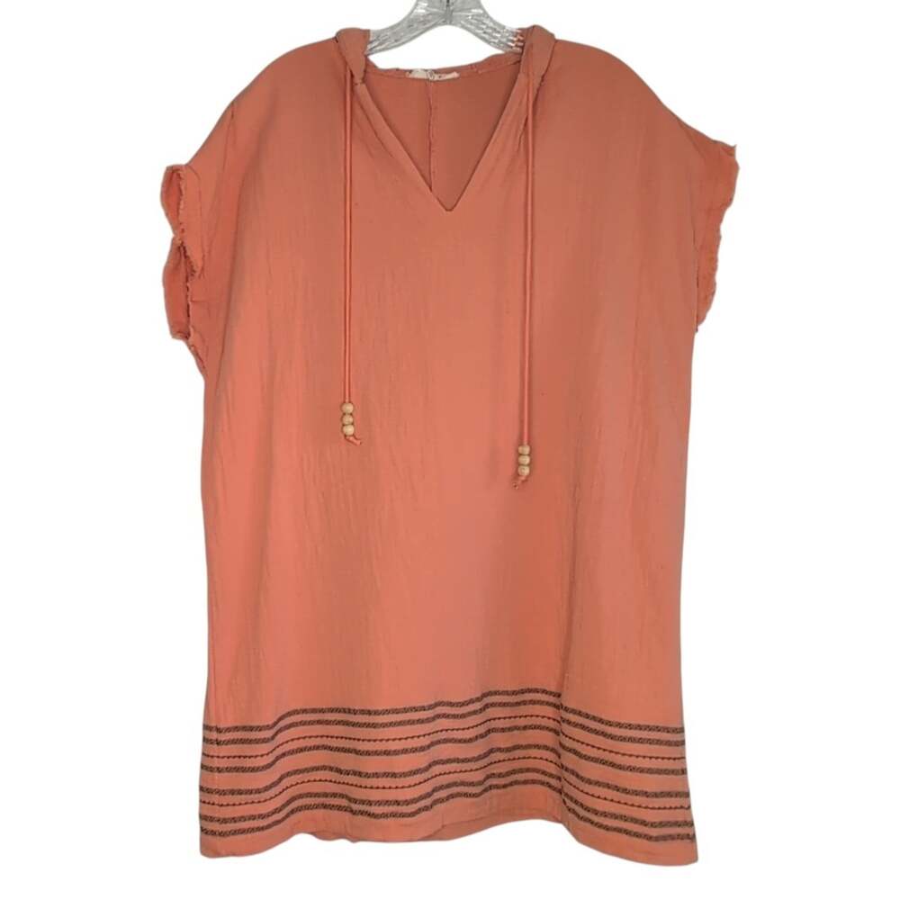 Easel hooded, short sleeve linen/cotton tunic top in coral orange, size medium